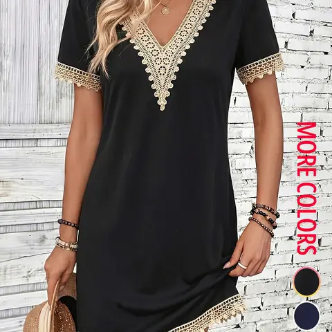 Women's Boho Style Lace Trim V Neck Dress, Perfect for Beach Vacations, Daily Dates, Casual Gatherings, Summer Fashion, Casual Wear