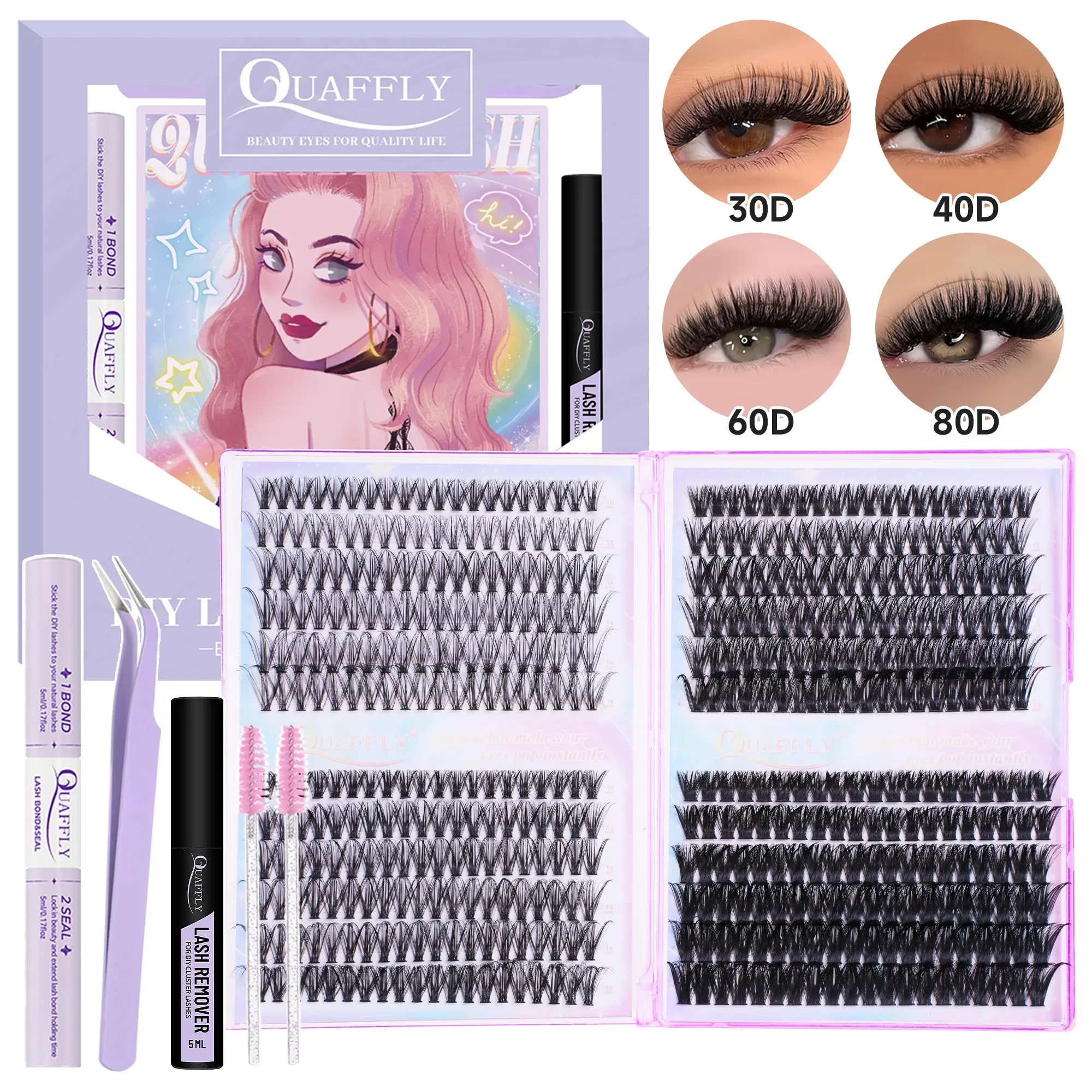 DIY Lash Extension Kit 480Pcs D Curl 30+40+60+80D 10-18mm Individual Eyelash Extension Kit  with Lash Bond and Seal, Remover, Applicator and 2 Brushes Easy to Use for Beginners DIY Lash Cluster Eyelashes Makeup Set