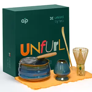 Unfurl Ceremonial Matcha Tea Starter Kit - Complete Set with Ceramic Bowl, 100-Prong Bamboo Whisk, Sifter, Bamboo Scoop, Cotton Tea Cloth & Gift Box - Perfect for Japanese Matcha Green Tea Powder