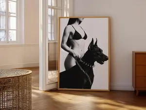 Woman With Doberman Poster - Black & White, Luxury Wall Art, Chic Fashion Print Poster