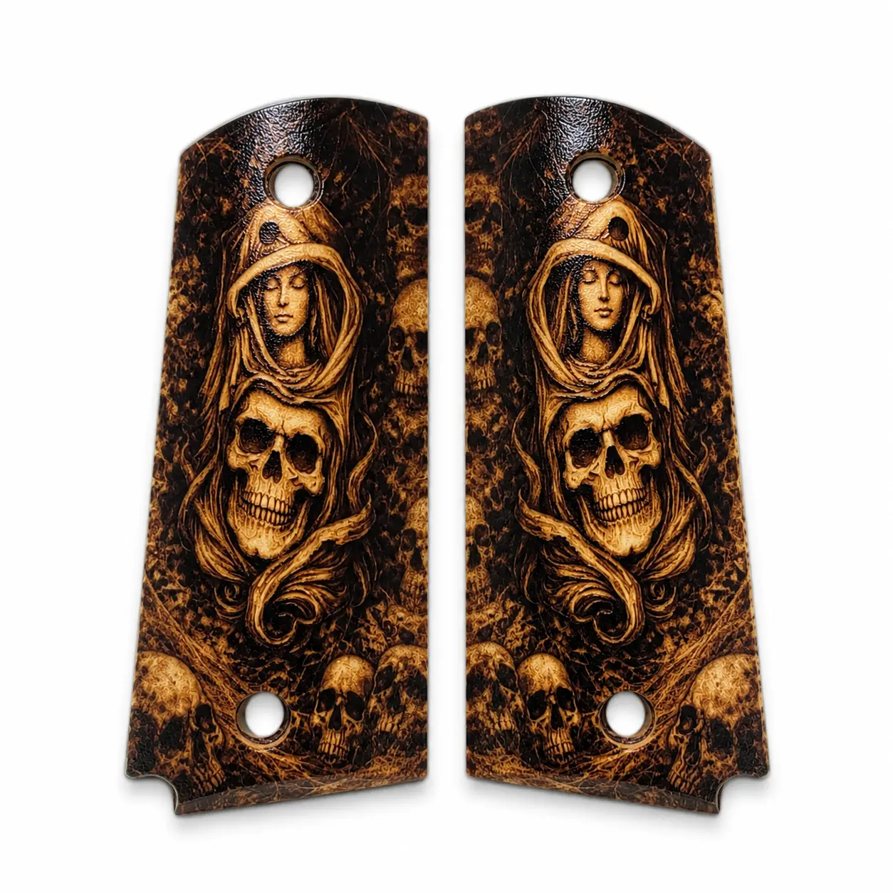 1911 Full Size Panels– White ABS Custom Panel Set with Skull & Cloaked Girl Printed Artwork | Standard Frame Replacement Panels
