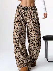 Women's Leopard Print Tie Waist Wide Leg Pants, Casual Comfy Trousers for Daily Wear, Ladies Bottoms for All Seasons