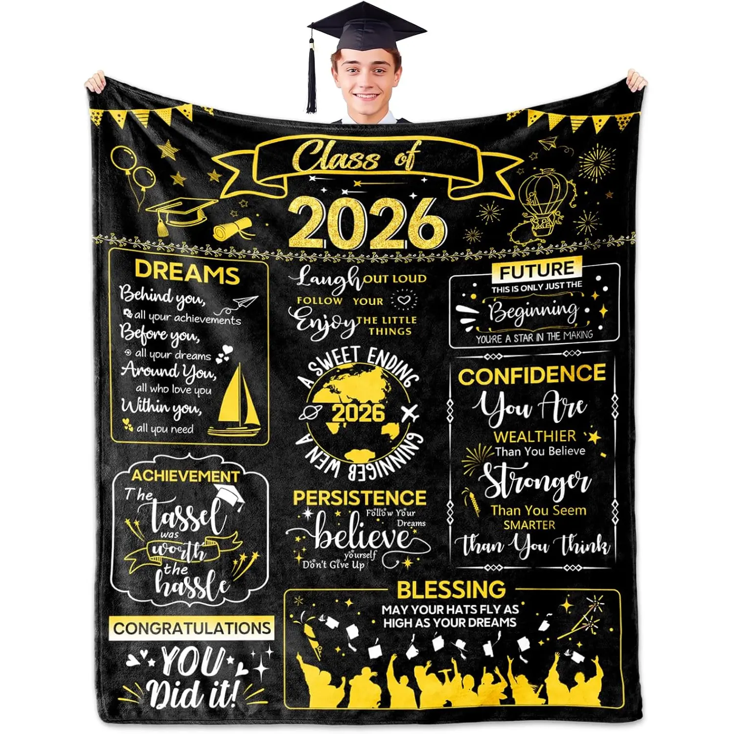 Breathable Soft Flannel Throwblanket - 2026 Graduation Gift for College/PhD/Masters Graduates, Machine Washable Soft Comfy Giftable Blanket Bedspread with Graduation & Diploma Designs, Breathable Soft Blanket