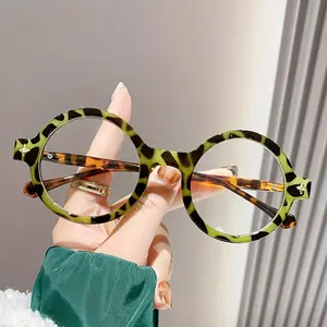 Y2K Bohemian style round frame glasses - Retro tortoiseshell green floral decoration, metal hinge, durable PC material, unisex fullframe flat lenses, with a decoration box, suitable for casual and formal wear.