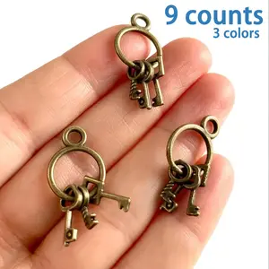 Miniature Key Charms, 9 Counts/set Tiny Alloy Antique Finish Pendants for Dollhouse Accessories, Perfect for DIY Crafting and Collectible Projects