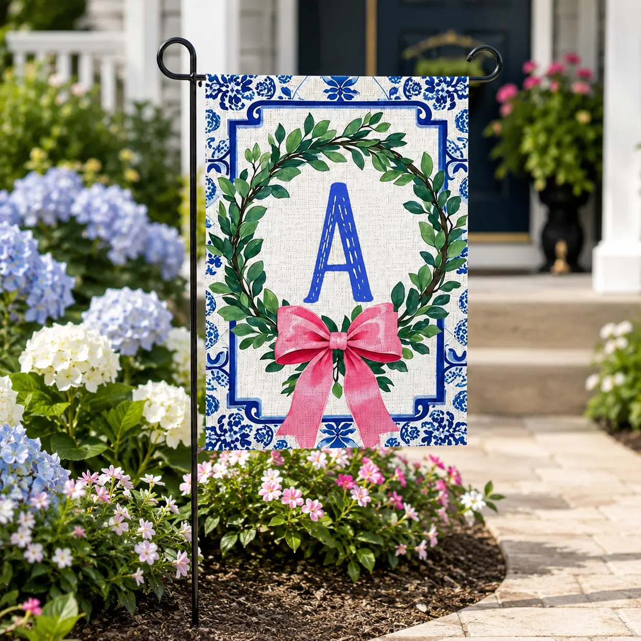 Personalized Monogram Garden Flag, Custom A–Z Initial Yard Flag, Blue Floral Wreath and Pink Bow Outdoor Double-Sided Garden Decor