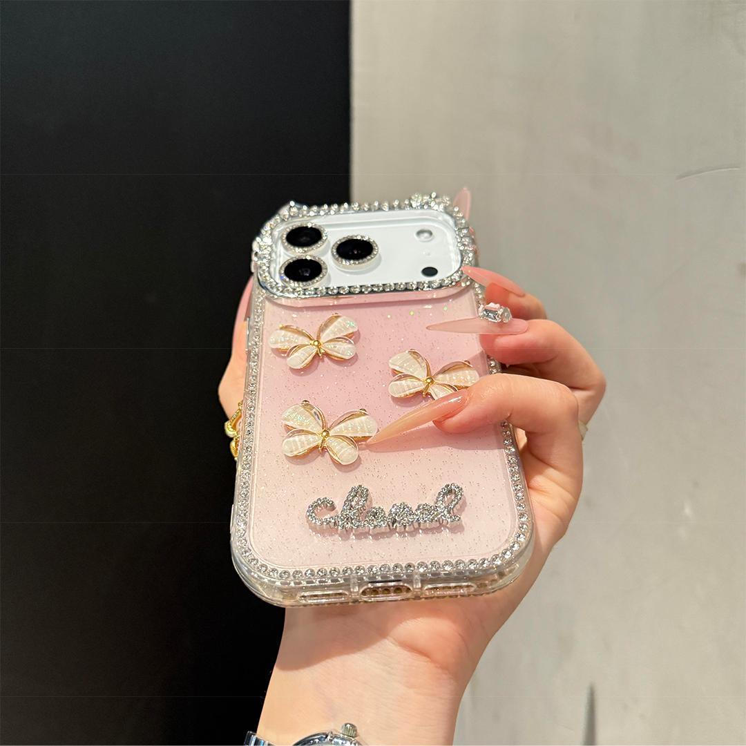 DIY Glitter Clear Phone Case with 3D Butterfly & Rhinestone Charms, Bling Cat Ear Diamond Frame Customizable Protective Cover for IP 17 PROMAX junk