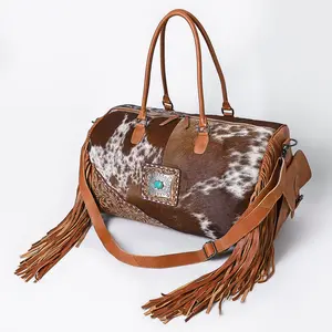 American Darling Duffel Bag Hand Tooled Floral Carved Hair-On Cowhide Genuine Leather Western Travel Bag with Fringes & YKK Zipper