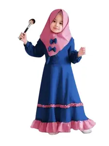 Baby Girl Muslim Modesty Dress, Long Sleeve Solid Color Maxi Dress + Bow Headscarf Set, Spring & Fall Kids Clothing, Style
