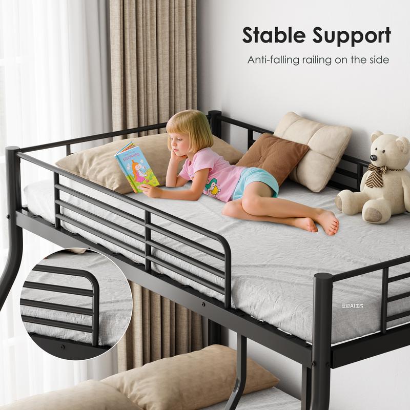 Bunk Bed Twin Over Full Size, Quiet & Sturdy Space-Saving Metal Bunk Bed with 9.8-Inch Guardrail and Ladder for Kids, Teens, And Adults, Black Heavy-Duty Frame with 400 lbs Capacity for Small Bedrooms & Shared Rooms