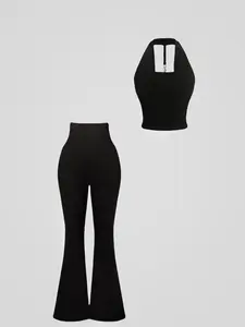 Two-Piece Set Women's Solid Ribbed Crop Tank Top & Flare Leg Pants, Casual Fashion Cozy for Daily Outdoor Wear, Women Clothes for Summer, Flared Pants Set, Suits, Womenswear, Fitted