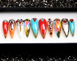 Egypt Rainbow Y2K Press On Nails | French Stiletto Nails Luxury | Festival Glue On Nails | Luxury Fake Nail Set