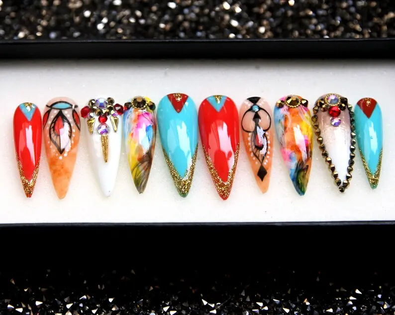 Egypt Rainbow Y2K Press On Nails | French Stiletto Nails Luxury | Festival Glue On Nails | Luxury Fake Nail Set