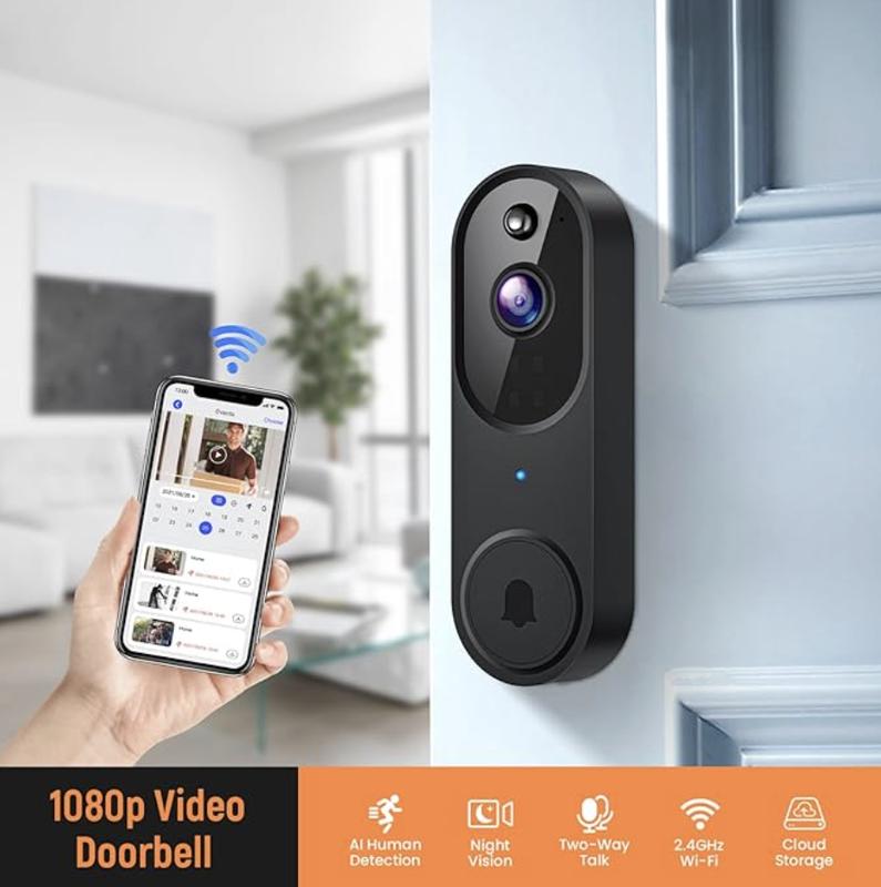 Wireless Video Doorbell Camera, Smart Security Doorbell Camera, 1080P, AI Human Detection , Night Vision, Instant Alert, Two Way Audio, 2.4G WiFi Only, Simple Installation and Rechargeable Battery, Cloud Storage, WiFi Camera