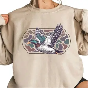 Camo Flying Mallard Bird Old School Camo Vintage Crewneck, T-shirt, Cotton Hoodie Sweatshirts Womenswear Day Love Polyester Tops