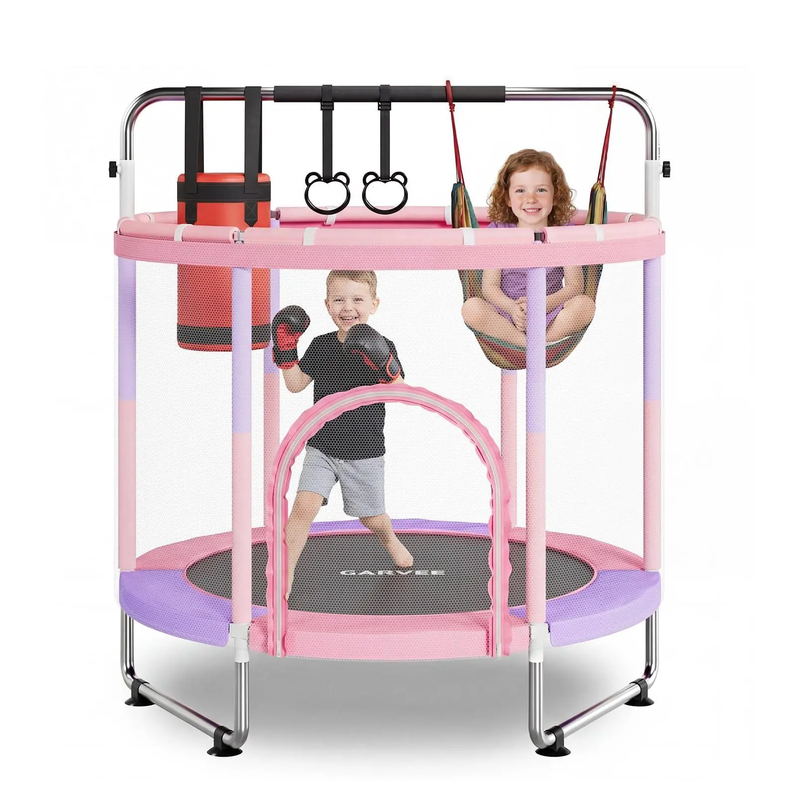 60" Trampoline for Kids with Enclosure, 440Lbs Capacity ASTM Certified-Adjustable Mini Trampolines for Kids, Safety Pad, Baby Trampoline Indoor/Garden, Gift for Boy and Girl, Pink+Purple