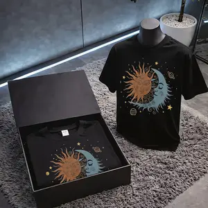 Retro mysterious sun–moon starry sky print T-shirt, trendy street style niche design short sleeves, 100% pure cotton high-weight soft and comfortable T-shirt, loose casual fit suitable for daily commuting, men’s T-shirt, women’s T-shirt