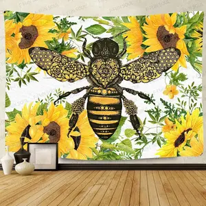 Hippie Bee Tapestry, 80x60inches, Sunflower Watercolor Art Tapestries Wall Hanging for Children Bedroom Living Room Decor Party Banner GTZYFS238