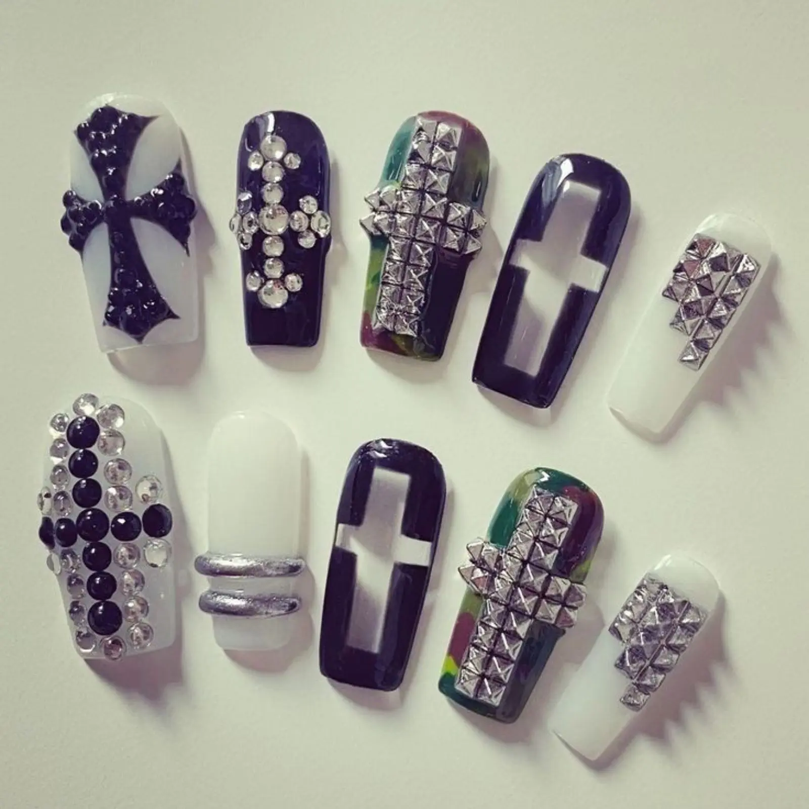 Gothic Cross Press On Nails | Black White Punk Nail Art | Studded Cross Handmade Press Ons | Alt Y2K False Nails
