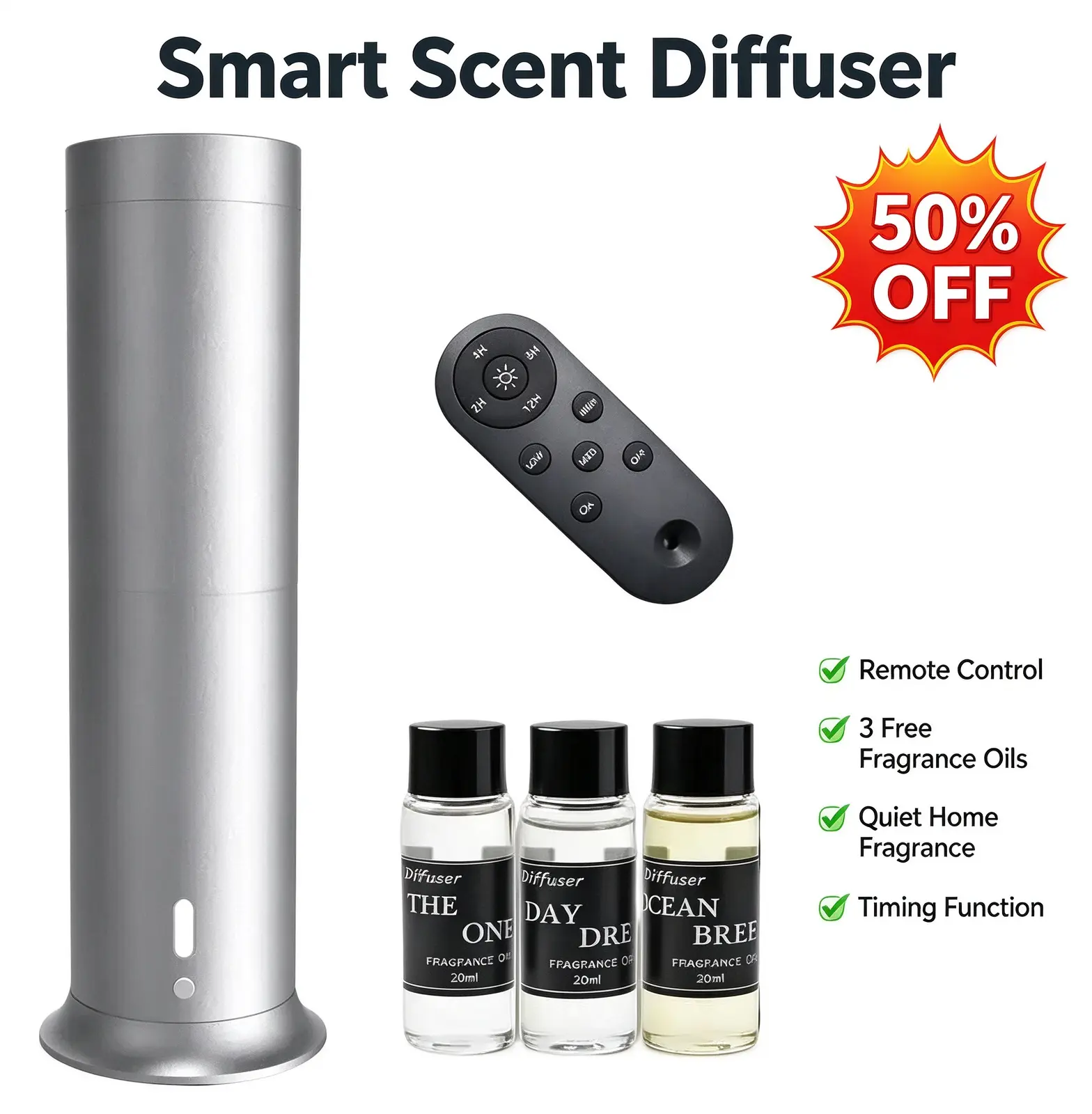 Quiet Smart Scent Diffuser Machine, Remote Control 4/8/12H Timer Diffuser, Fragrance Oil Diffuser Kit with 3 Scent Oils for Home, Spa, Hotel & Salon