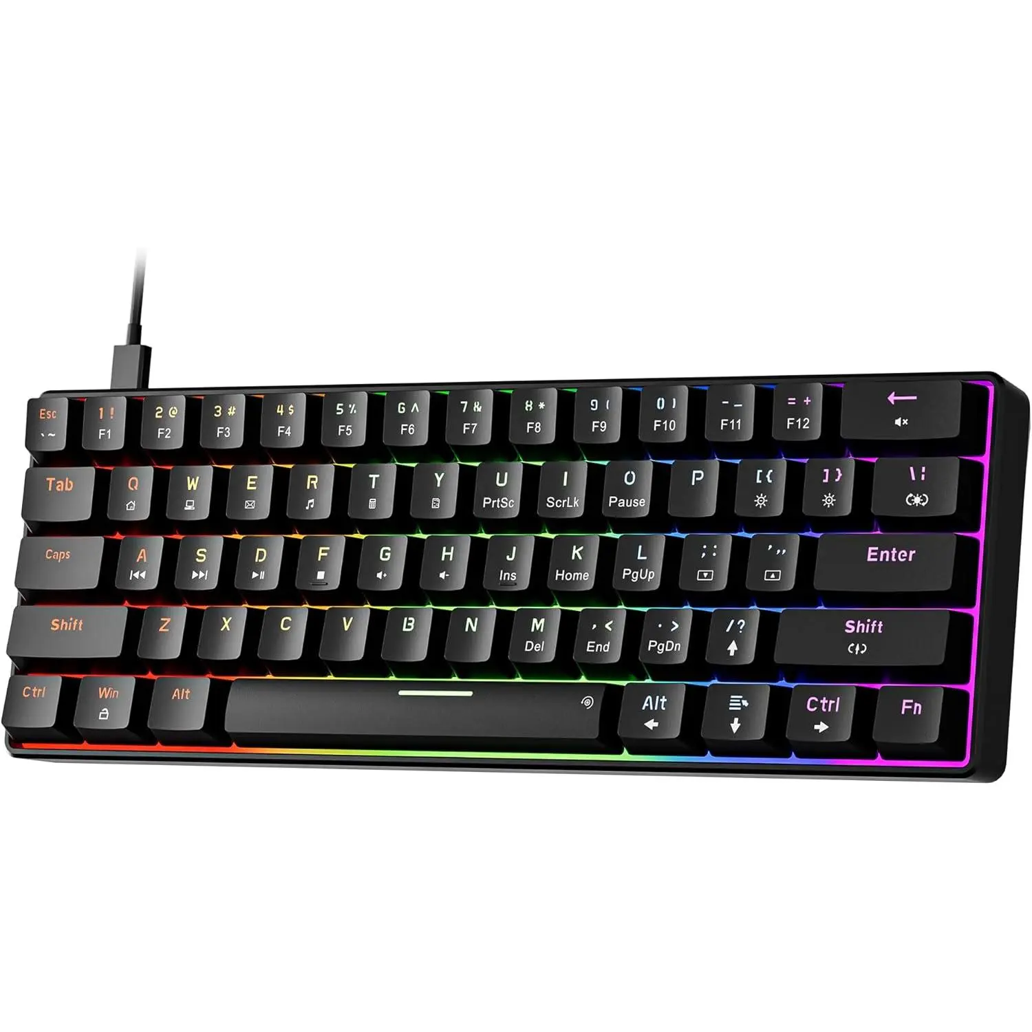 GM611 Illuminated Mechanical Keyboard, Rainbow LED Backlit Wired Gaming Compact 61-Key 60% Portable Device with Black Keycaps, Linear Red Switches for Windows Laptops & PCs