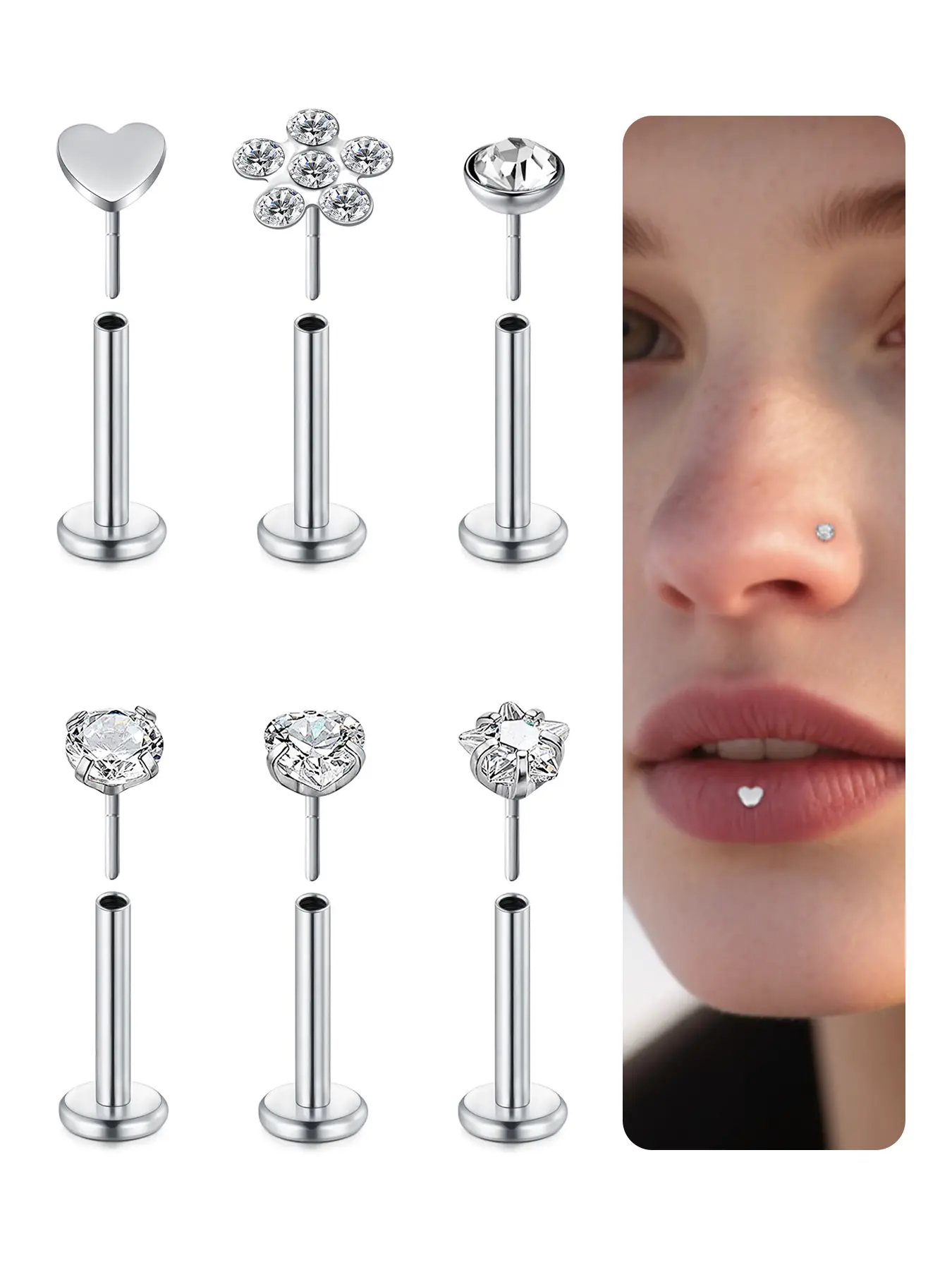 16G Push in Lip Rings Stainless Surgical Steel Labret Jewelry Cartilage Tragus Helix Pierced Ring Earrings Studs Nose Ring Medusa Piercing Jewelry Chic Body Jewelry Body Piercings Set For Women Men 6 Pairs
