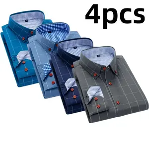 Pack of 4 — men’s long-sleeve shirts featuring a plaid color-block patchwork design in a business casual style. Red buttons add refined details, and blue-and-white plaid lining provide visual depth. Suitable for various occasions; Father’s Day gift