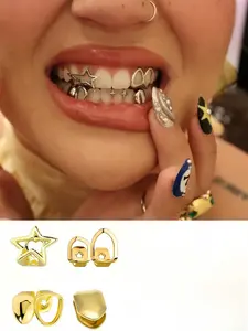 4Pcs Women's Teeth Grillz Design, Tooth Gem, Hollow Out Pentagram Star Face, Copper Material Hip Hop Fashion Jewelry, Set of 4 Pieces