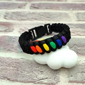 Tactical Paracord Bracelet with Adjustable Buckle, Survival Wristband in with Rainbow Accents for Outdoor Camping and Hiking, Gifts for Valentine's Day and Father's Day