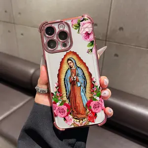 Virgin Mary flower pattern mobile phone case, suitable for iPhone 17Pro Max Air 16 15Plus 14 13 12 11 XR XS cases,  four-corner anti-fall mobile phone case,sturdy mobile phone case tpu smartphone protective cover, Virgin Mary case.NN55