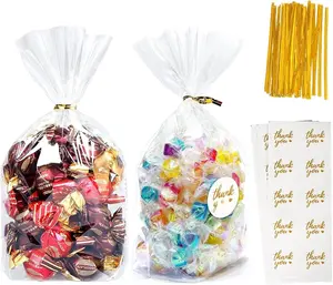 Clear Cellophane Treat Bags with Ties,(100 pcs) Bottom Gusset Bags for Gift Wrapping, Party Favors, Candies, Cookies, Chocolates, Popcorn