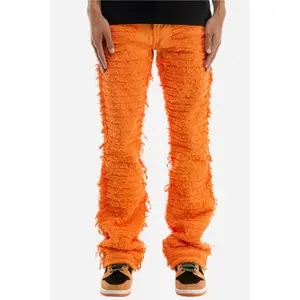 Men’s Red Stacked Ruched Jeans – Slim Fit Urban Streetwear Denim