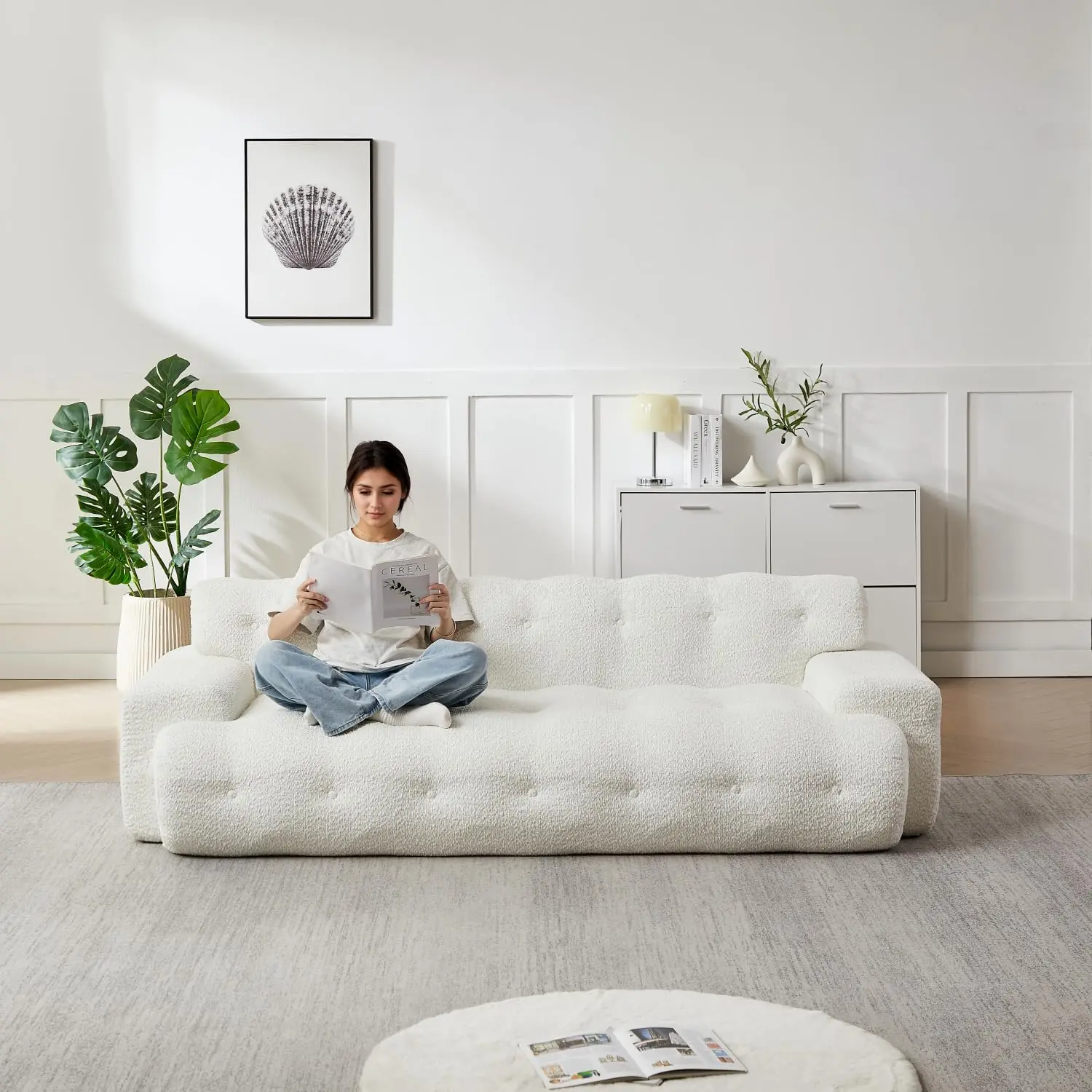 87.4-Inch Cloud Series 3-Seater Chenille Sofa, Minimalist Button-Tufted Square Arm Design, Soft Fluffy Upholstered Modern Couch for Living Room，White