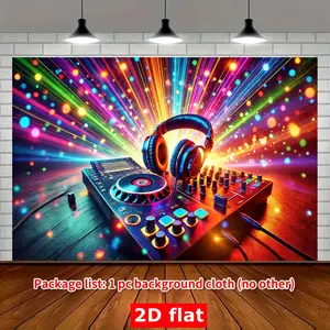 2D Flat, 1pc Vibrant DJ Party Backdrop - 8x6ft Polyester Fabric with Colorful Lights & Headphones Design, Perfect for Indoor/Outdoor Celebrations, Studio, Home, Garden, and Garage Decor, No Electricity Needed, Party Backdrop | Vibrant Party Decor |