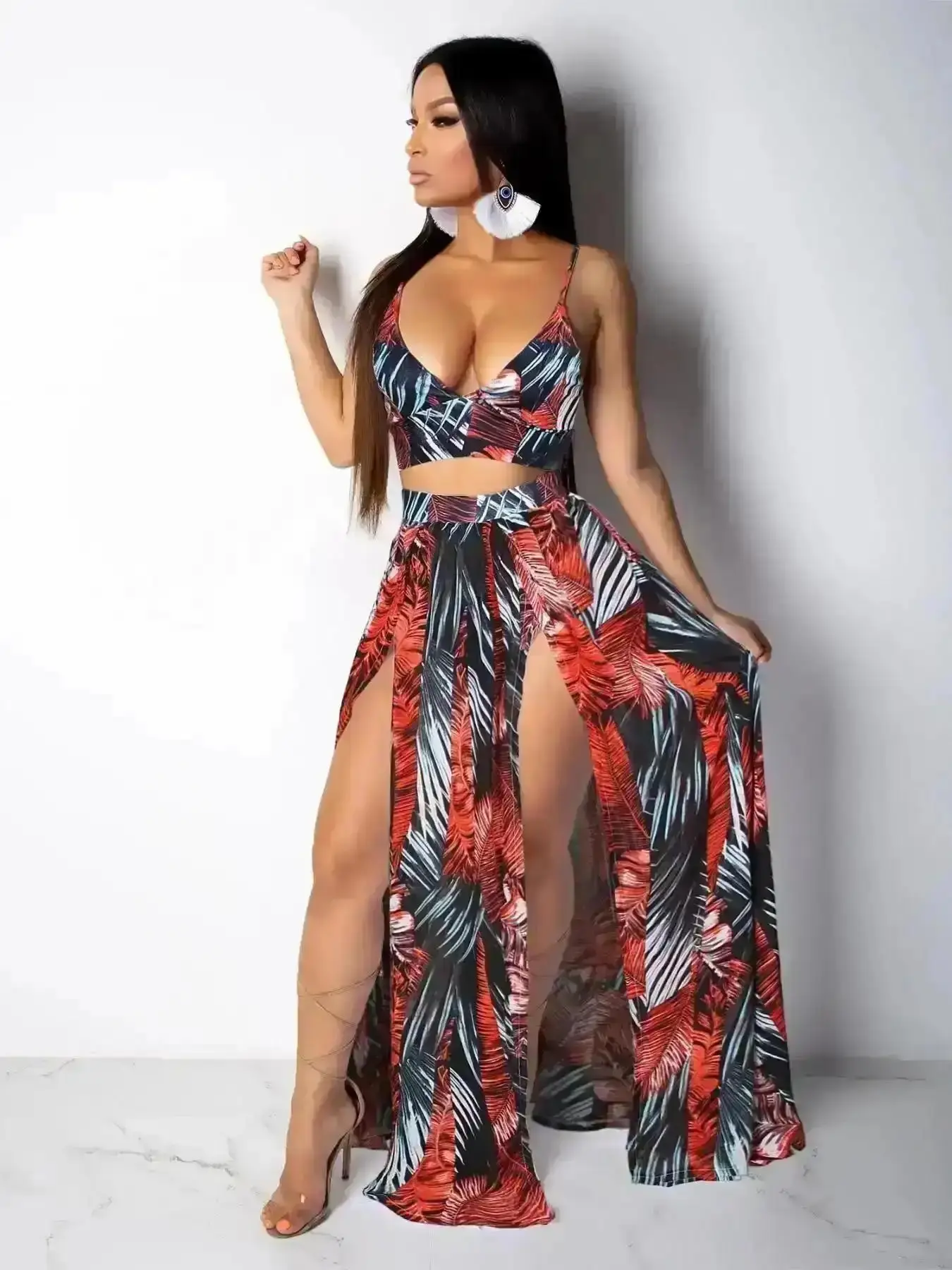 Cool Streetwear Matching Set, Two-piece Set Women's Leaf Print Crop Cami Top & Split Hem Skirt Bohemian Boho Casual Outfits for Beach Holiday Vacation, Ladies Summer Clothes, Womenswear, Cute Outfit, Basic, Coord