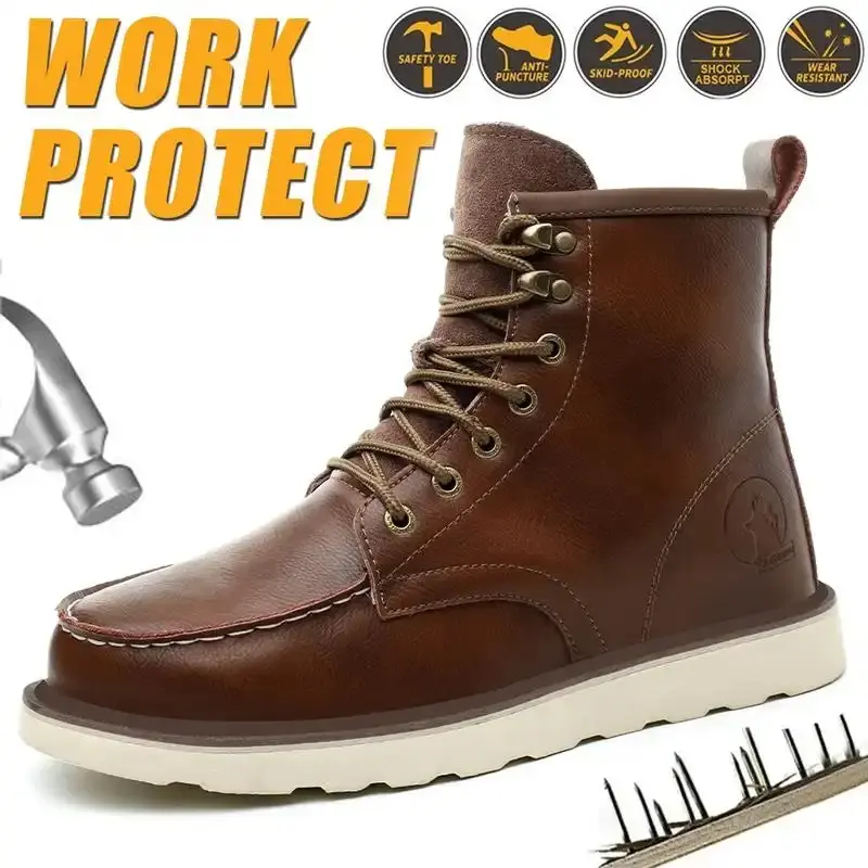Men's Round Toe Work Boots, Cuban Heel Safety Shoe with Steel Toe Cap and Laces, Breathable Anti-Slip Protection, Walking Shoes, Footwear