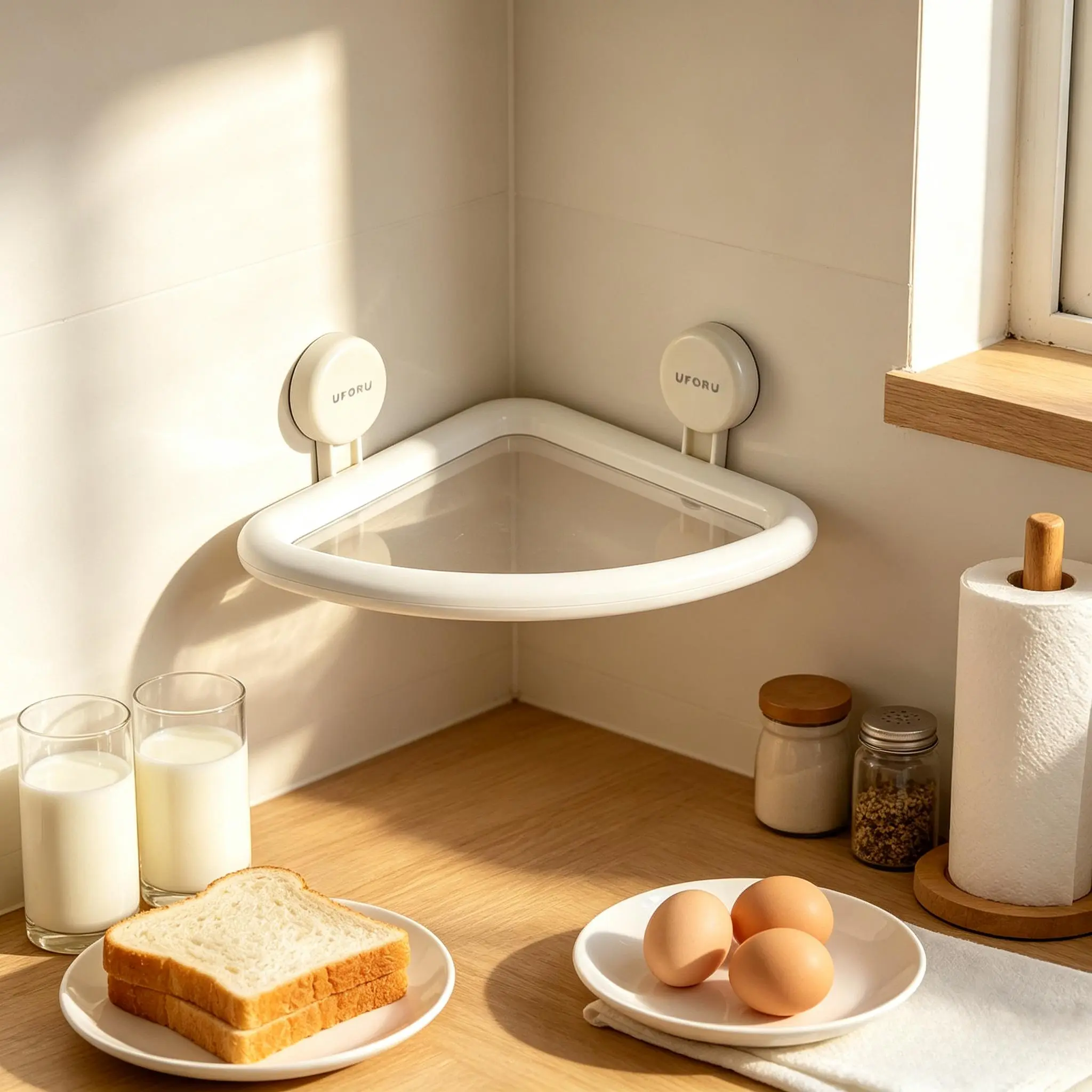 No-Drill Suction Corner Floating Shelf with Clear Transparent Tray - Punch-Free Removable Wall-Mount Organizer, Minimalist Triangle Caddy for Bathroom Vanity, Kitchen Spice Storage