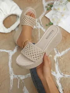 Women's Summer Breathable Boho Style Wedge Sandals, Rice Braided Thick Sole Slippers, Height-Increasing Slimming Casual Flip Flops