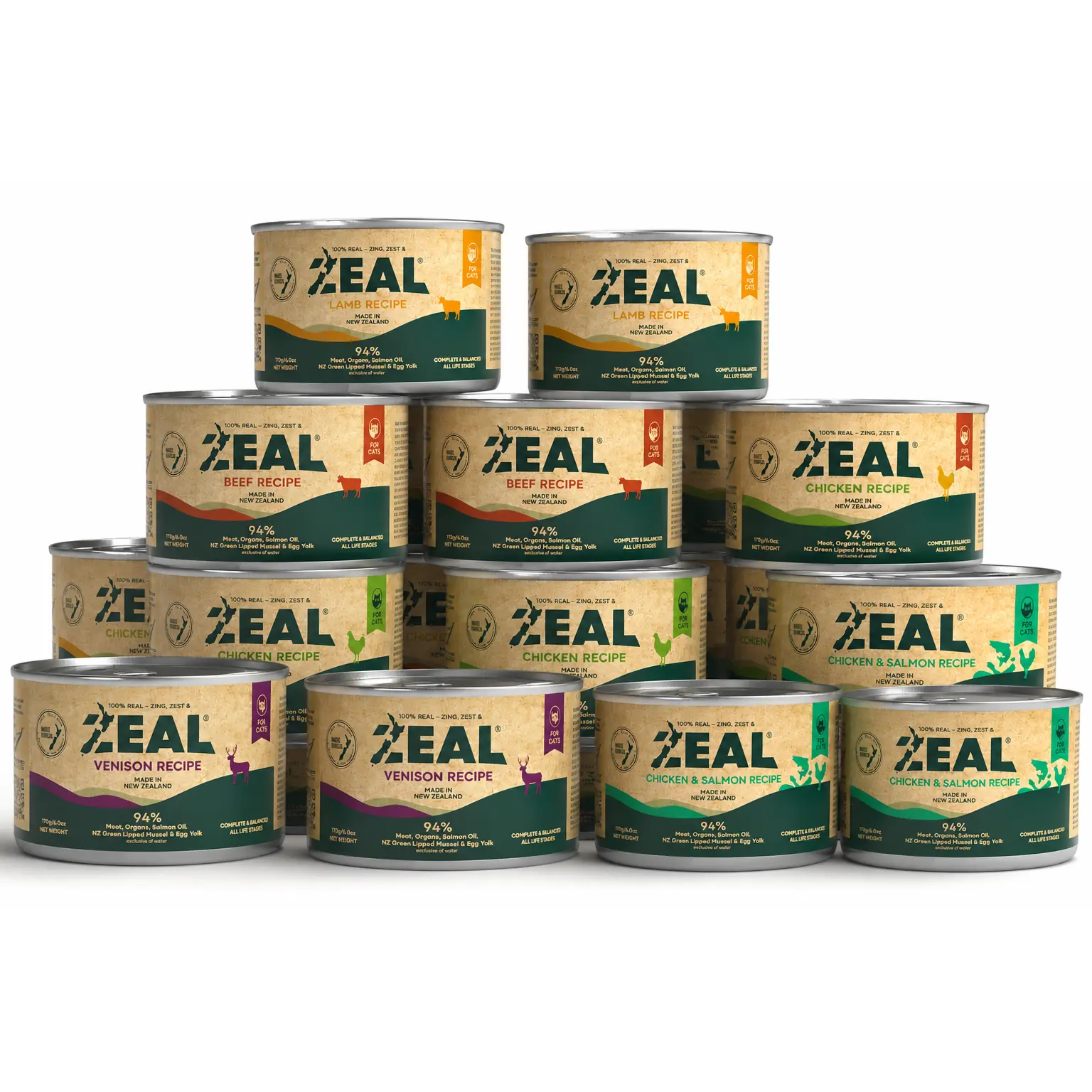 ZEAL Natural Cat Wet Food | 94% High Meat Content | Balanced Nutrition & Rich in Superfoods | Beef / Chicken / Lamb / Venison / Chicken & Salmon Recipe | Bulk Pack Series | 24×90g / 12×170g Cans