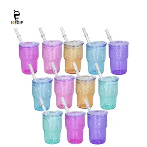 12pcs/Ctn 3oz Unisex Sublimation Coloring Glass Mini Tumbler Cup, Washable Shot Glass with Plastic Lid & Straw, for Iced Coffee, Juice, Cocktail Party, Thanksgiving, Mother's Day Christmas Halloween Gifts