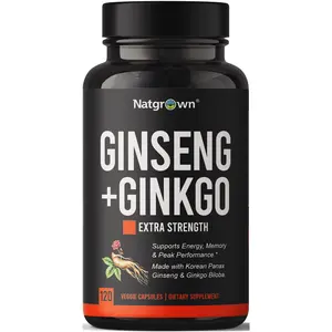 Natgrown Panax Ginseng & Ginkgo Biloba Supplement - Red Korean Ginseng & Ginko Biloba Capsules for Men & Women - Supports Memory Focus & Brain Function - Vegan Pills