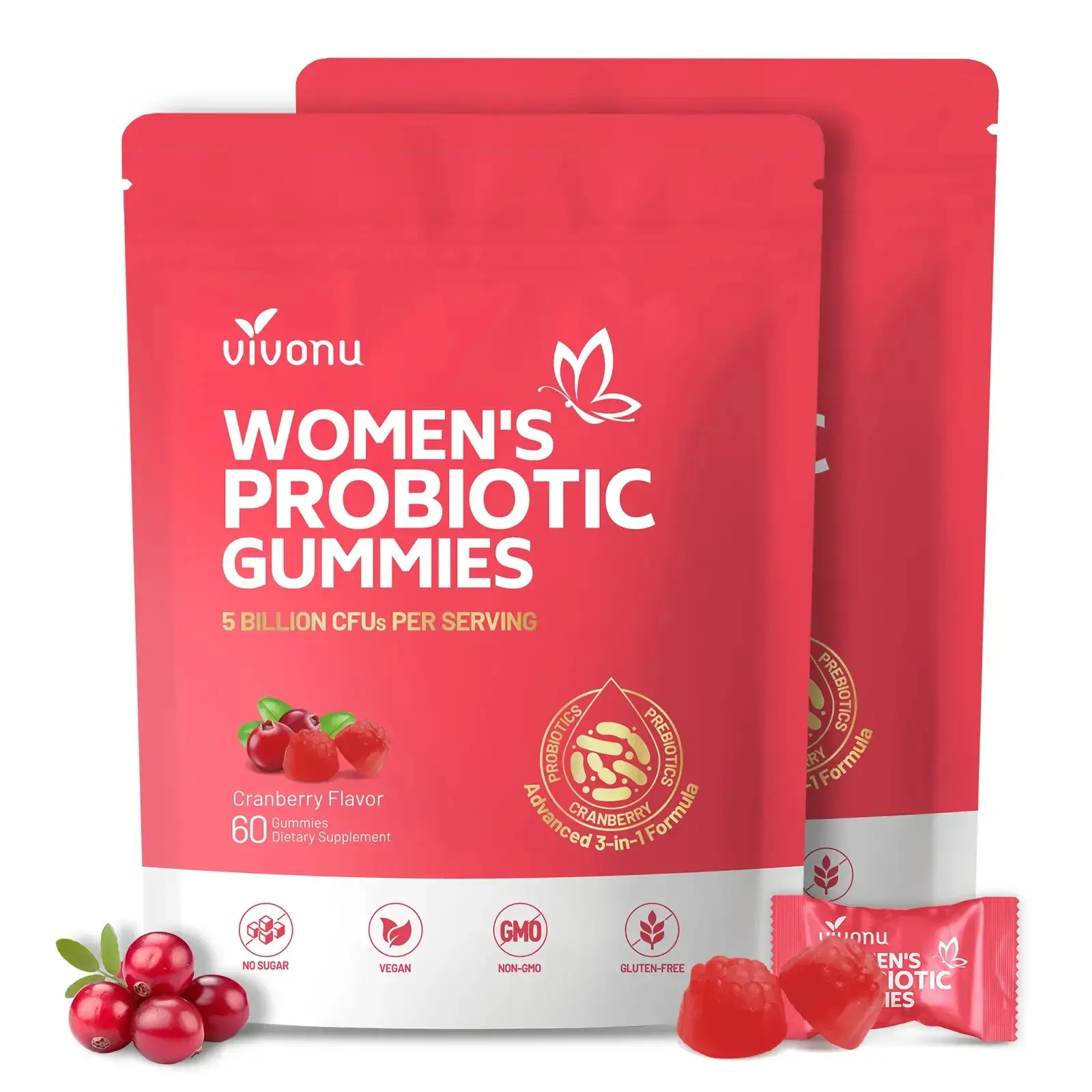 Cranberry Probiotic Gummies | Targeting Body Odor, Women's Health, and Body Balance | Vegan (60 Gummies per Pack)