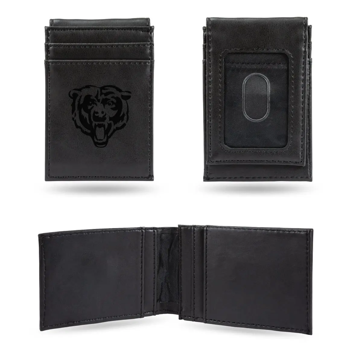 212 MAIN Men's Faux Leather NFL Chicago Bears Official License Laser-Engraved Chicago Logo Black Front Pocket Wallet, Team Emblem