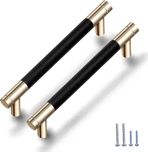 12 Pack 5 Inch 128 Mm Knurled Cabinet Handles Cabinet Pulls Aluminum Handles Knurled Drawer Pulls Gold and Black Oxidation Finish with Diamond Pattern 6.2" Length (5" Hole Center) Gutuwellea