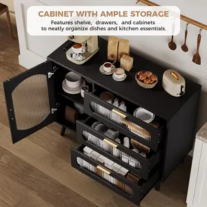 Garvee Buffet Cabinet with Storage, Sideboard Cabinet with Fluted Glass Door and drawers, Black Sideboard for Kitchen, Dining Room, Living Room