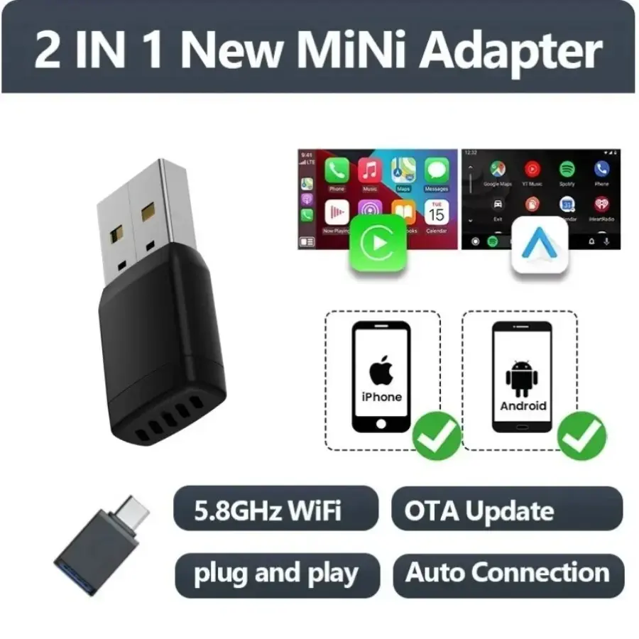 2026 latest 2-in-1 Wireless CarPlay Adapter, Compatible with Apple and Android, Fast Connection, Zero Latency, Plug and Play. Car Audio Usb Car Connector carplay wireless adapter