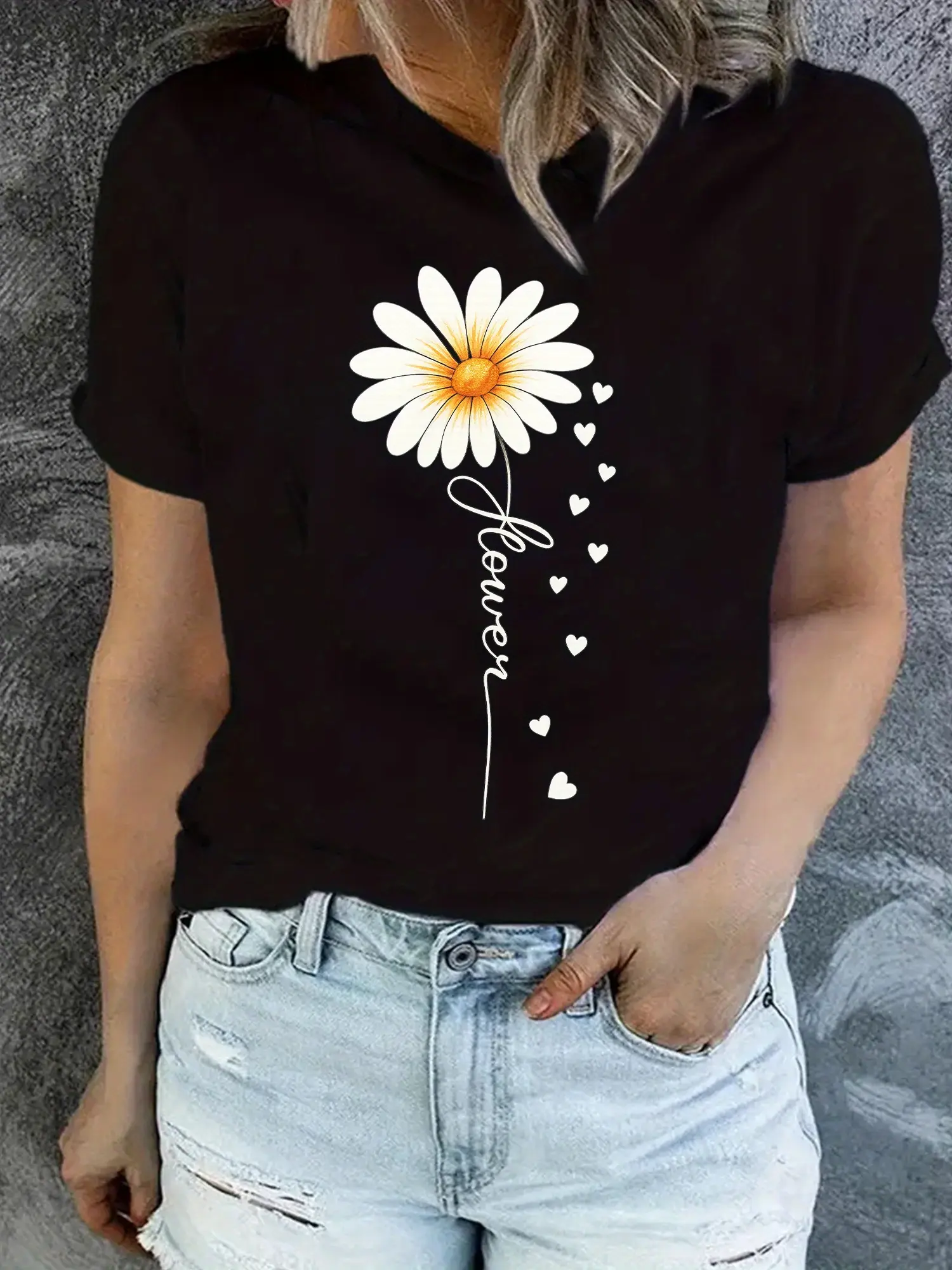 Women Casual Floral Print Top Round Neck, SpringSummer Fashion, Floral Print Blouse, White Daisy Floral Print, Nontransparent Fabric, Women'S Short Sleeve Round Neck Ombre Daisy & Butterfly Print Slight Stretch, Blusas Bonitas Para Mujeres