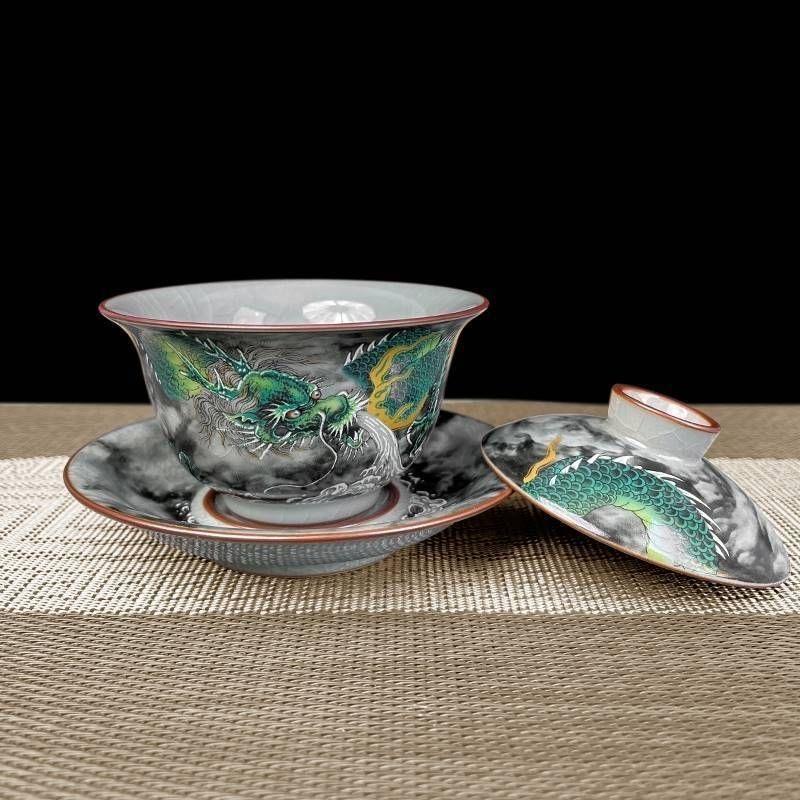 Old Ceramic Tea Bowl with Lid Ink Wash Cloud Dragon Design Jianzhan Ware Traditional Chinese Tea Set