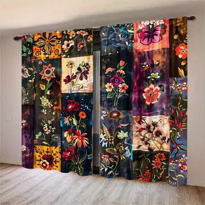 2pc Bohemian-style patchwork floral curtains with rod bag design. It is an ideal gift for friends. Suitable for home decoration in dormitories, bedrooms, living rooms, kitchens, dining rooms, study rooms, cafes, hotels, apartments, etc.