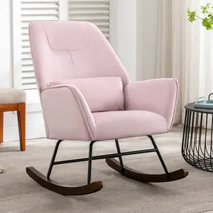 CLEESINK-Rocking Accent Chair for Baby Nursery, Velvet Uplostered Comfy Glider Rocker Armchair, Modern Solid Wood Legs Chair for Reading, Living Room, Bedroom, Balcony (Pink)